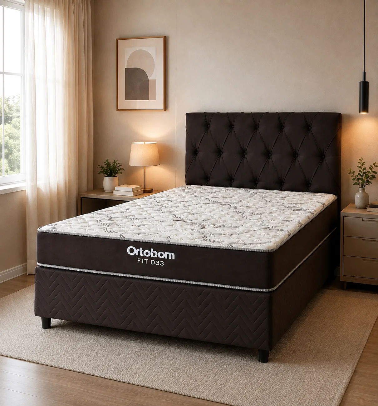 Colchão Ortobom Fit D33 com base e cabeceira em quarto montado